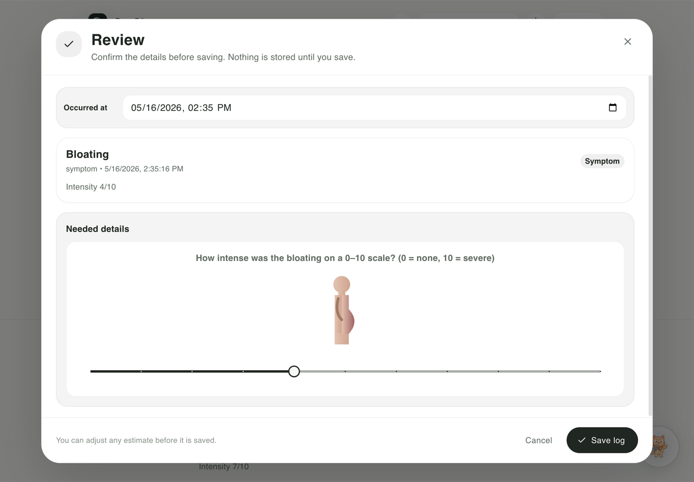 GutClue symptom review dialog asking for bloating intensity before saving.