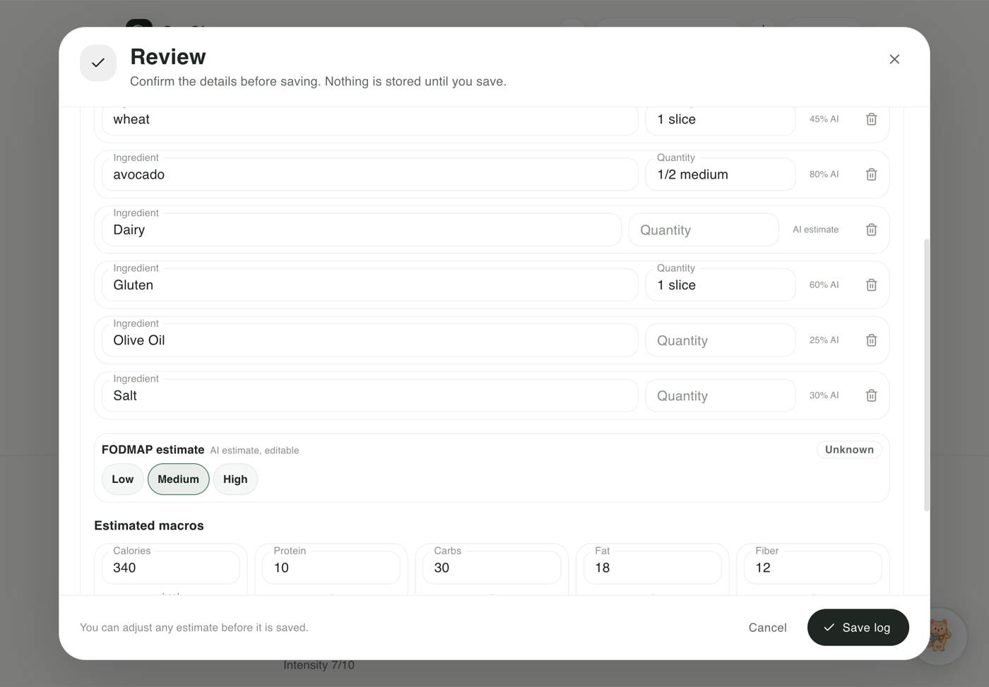 GutClue meal review dialog showing editable ingredients, FODMAP estimate, and macro estimates before saving.