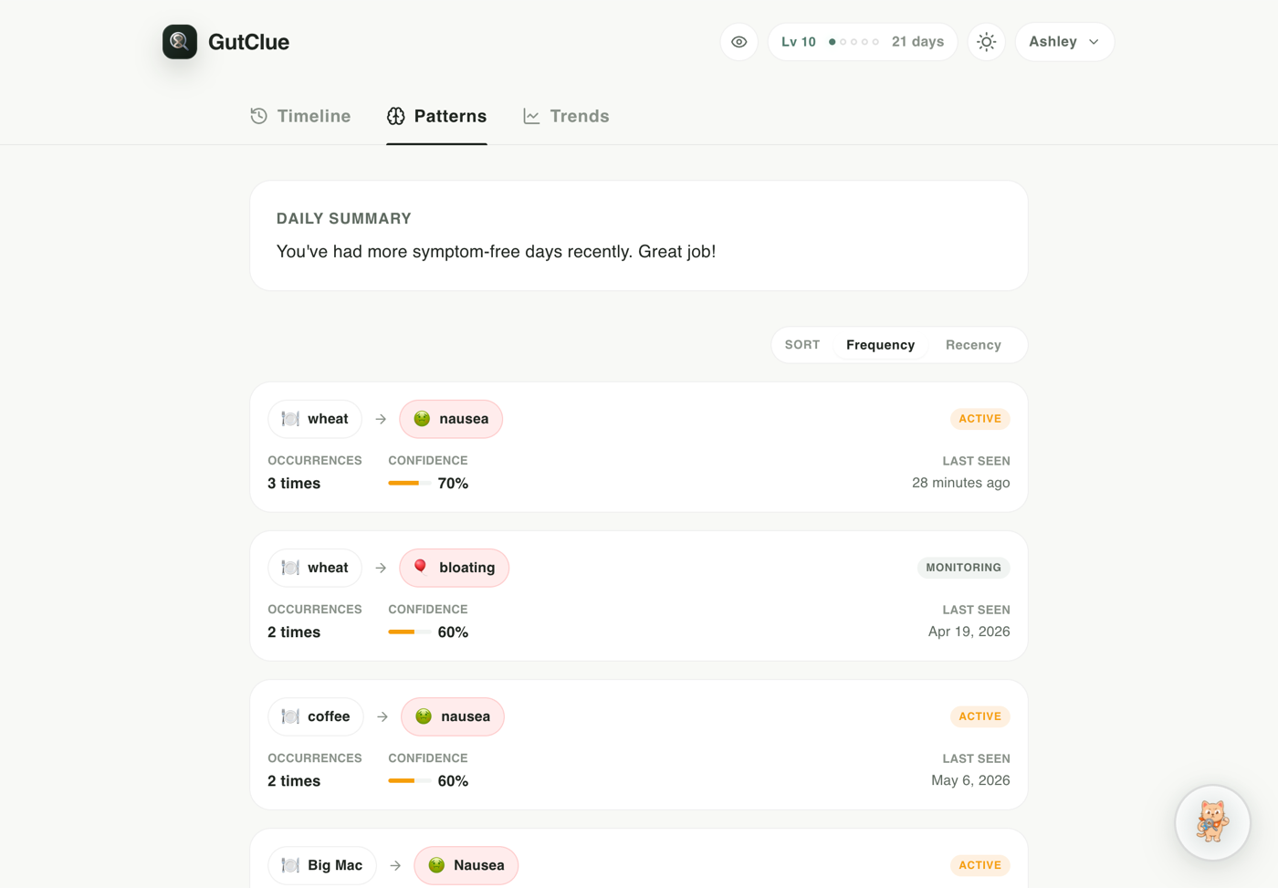 GutClue patterns screen showing possible food and symptom associations with occurrence counts and confidence.
